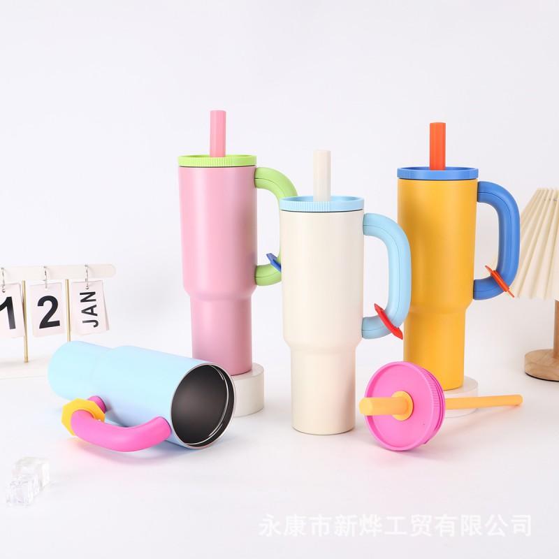 Stainless Steel Vacuum Insulated Travel Mug With Handle Straw 40oz Double Wall Cup Outdoor Office Car Use