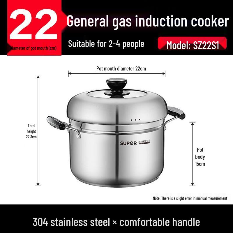 Supor Multi-Purpose 304 Stainless Steel Steamer Pot with Thickened Composite Bottom, 22/24cm - Ideal for Fish and Soup. Induction & Gas Compatible