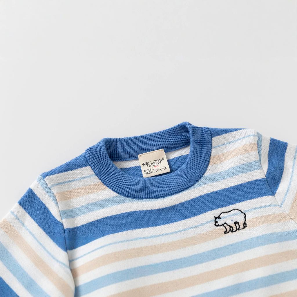 Children's Clothing Autumn and Winter New Boys Striped Knitted Sweater Baby Embroidered Pullover Top