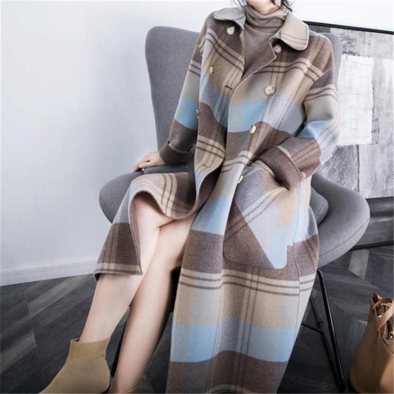 Tooxika Plaid Woolen Coat Winter New Style Over Knee Double-breasted Large Pockets Loose Mid-length Coat