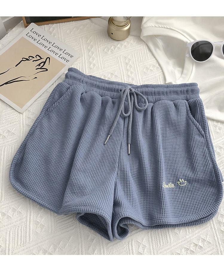 

Женские эластичные шорты с высокой талией и вышитыми вафельными буквами - Летние повседневные брюки широкого кроя One Size синий