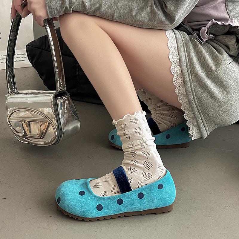 2025 new summer shallow mouth Mary Jane single shoes fairy spring fairy style ballet shoes polka dot flat beanie shoes