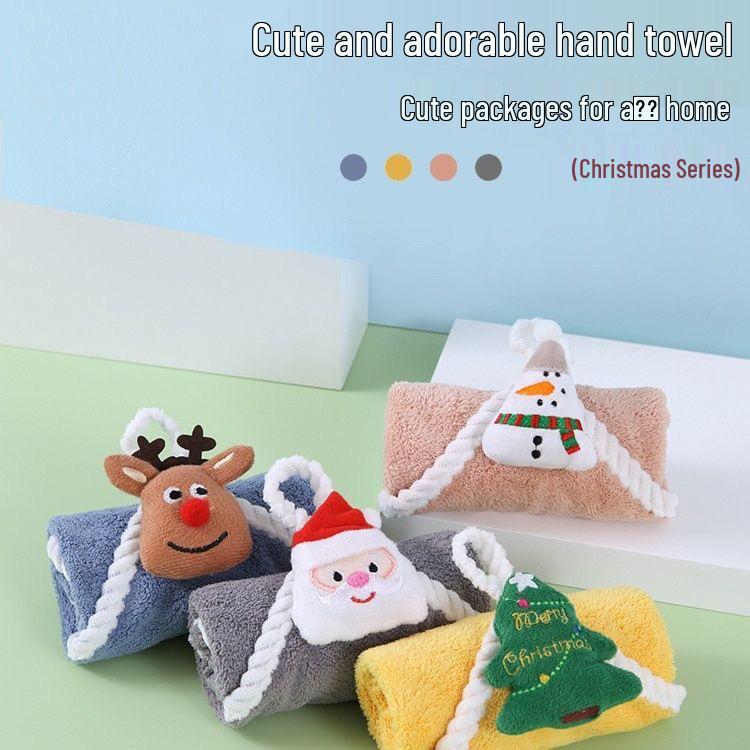 Cartoon Coral Fleece Hanging Hand Towel - Absorbent Christmas Gift for Kitchen & Bathroom