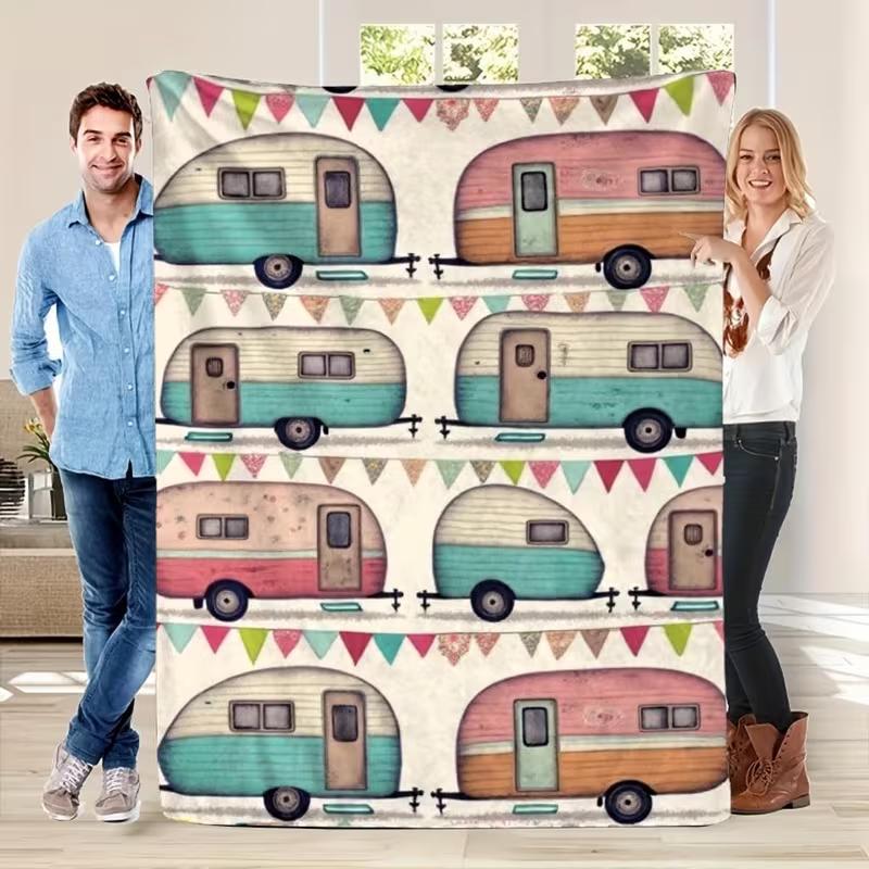 Happy Camper Flanell-Kuscheldecke Gemütlich Weich Warm Camping-Tagesdecke Geeignet für Alle Transporter Bäume Dekorationen Camping-Dekorationen