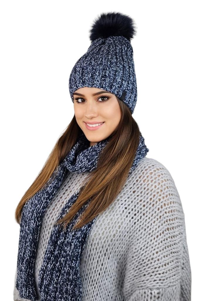 Winter Set Hat with Scarf Vizier with Pompom Color Navy Blue