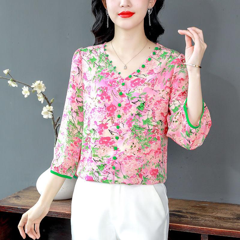 Seven Sleeve Floral Chiffon Top for Women Summer Loose V-neck Design Stylish Color and Small Shirt