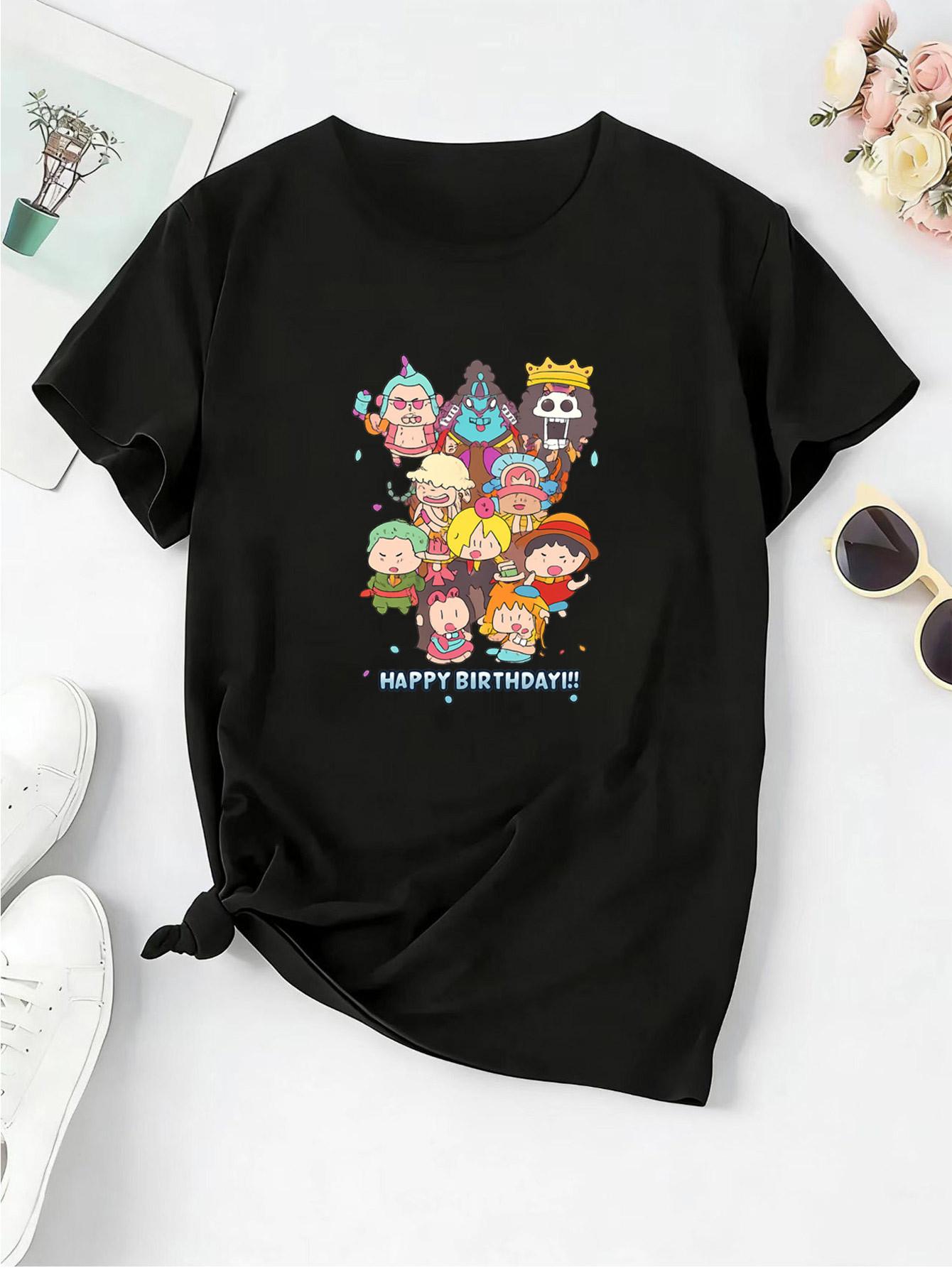 

2026 One Piece Happy Birthday Unisexs TShirt Black Chibi Crew Graphic 100 Cotton Oversized Breathable Casual Short Sleeve Tee S