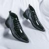 Vysoce kvalitní trendy šněrovací pohodlné vysoké špičaté kožené boty pro muže lakované lesklé módní kotníkové boty