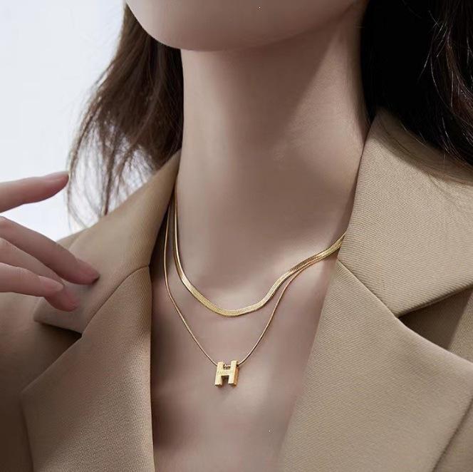 French Light Luxury H Necklace: Double Layer Titanium Steel Snake Bone Chain for Women