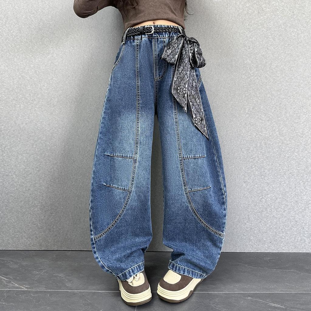Autumn 2025 Girls' Wide-Leg Scimitar Jeans - Casual Long Pants for Kids