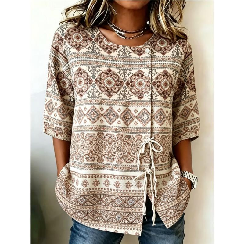 Women's Spring Summer Drawstring Blouse, Boho Aztec Geometric Print Casual Tops for Daily Street Holiday Dating & Leisure Outfit