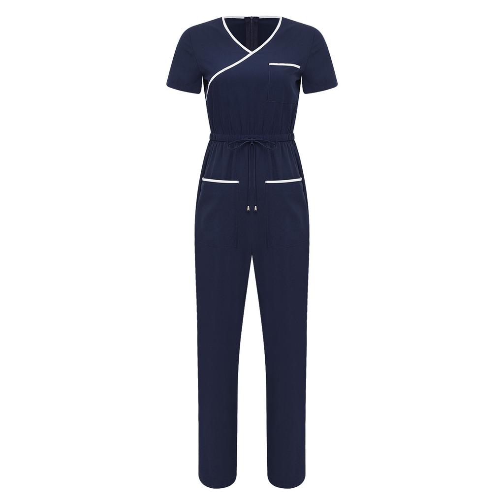 Damen Medizinischer Einteiler Jumpsuit Kurzarm Kordelzug Taille Elastischer Rücken Reißverschluss Taschen Arbeitskleidung