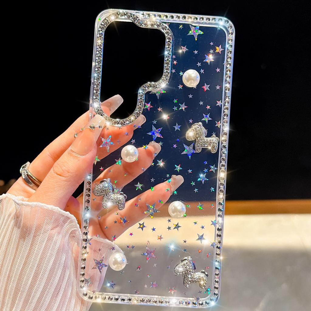 Applicable to Samsung S26Ultra pearl pony mobile phone case S24FE flash diamond S25 all-inclusive anti-drop DIY protective case