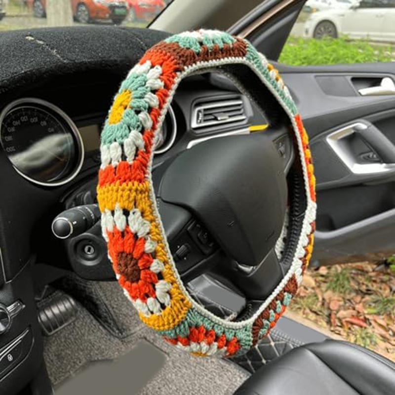 Car Interior Steering Wheel Cover with Boho Crochet Design Featuring Sunflower Pattern Fits 14 15 Inch Wheels for Cars and MPVs