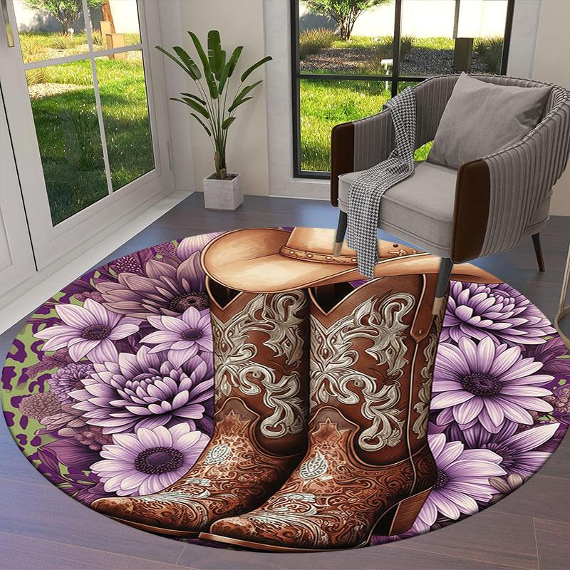 Cowboy Boots Round Area Rug,Carpet Rug for Living Room Bedroom Sofa Playroom Decor,Non Slip Floor Mat