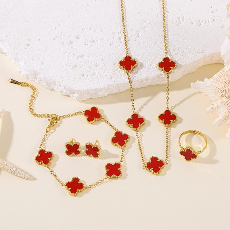 4pcs Four-Leaf Clover Four-Piece Set Including Necklace, Bracelet, Earrings and Ring, Versatile Lucky Five-Petal Fashion Jewelry