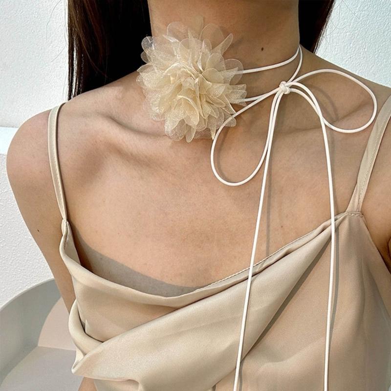 Flower Choker Necklace Elegant Hand-making Floral Collar Necklace Party Jewelry Cloth Material Gift for Women and Girls