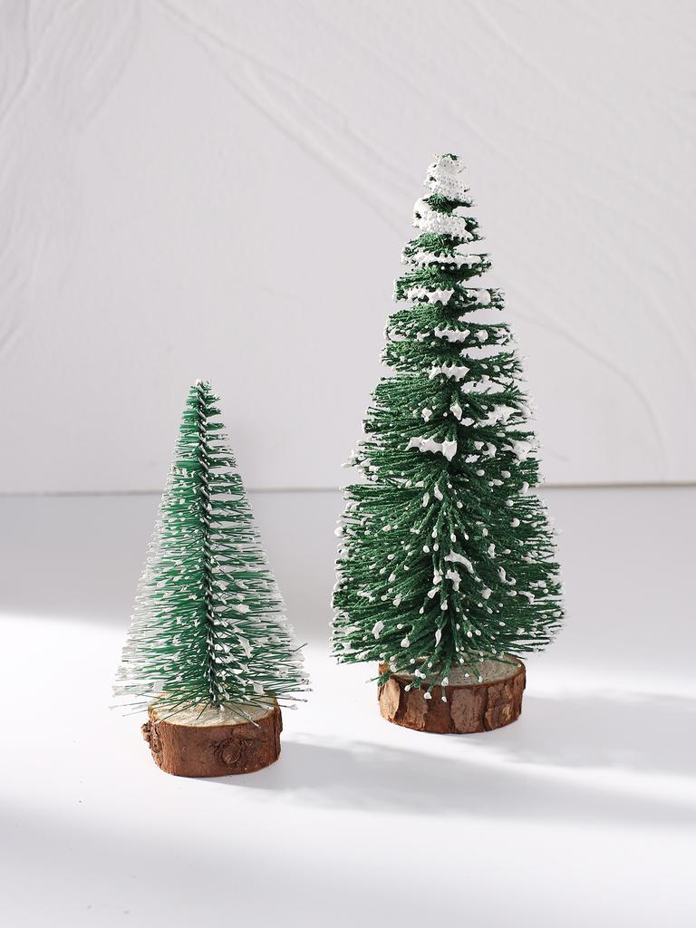 2pcs Mini Green Christmas Tree Decoration,Snow-Covered Artificial Pine Trees with Wooden Base,Tabletop Xmas Trees for Home Decor