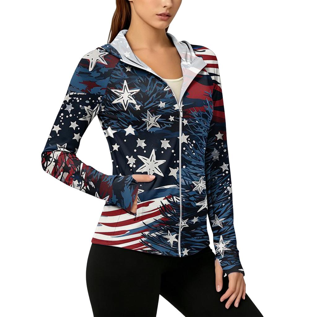 Women's Zip Up Hooded Long Sleeve Jacket with Festive Pattern & Pockets