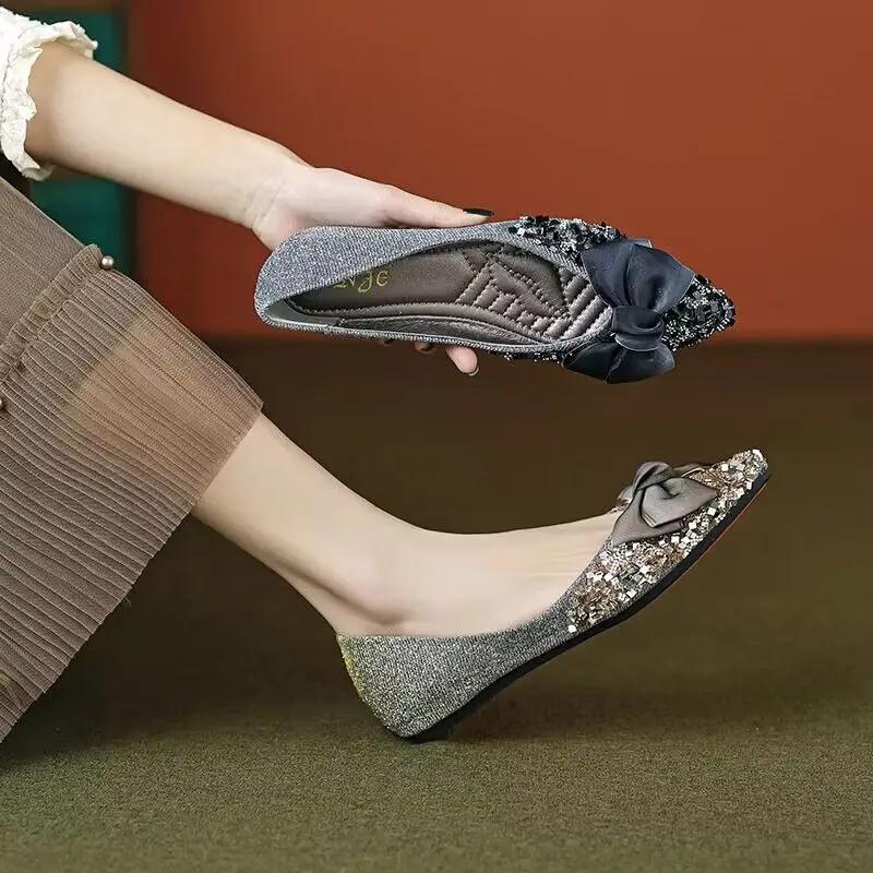 Fashion Ladies Footwear Black with Bow Pointed Toe Gold Summer 2025 Harajuku Clothing Sales Premium Korean Fashion Women's Flat Shoes