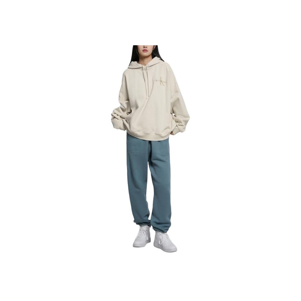 Calvin Klein Letter Print Hooded Oversized Fleece Pullover Sweatshirt Unisex Tops Beige J400191-ACF