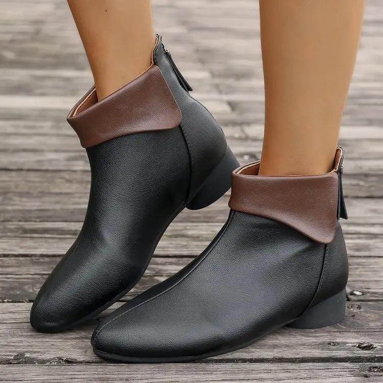 French Style Short Boots Autumn Winter New Soft Bottom Smooth Surface Bootie Slim Fit Chunky Heel Back Zipper PU Leather Boots