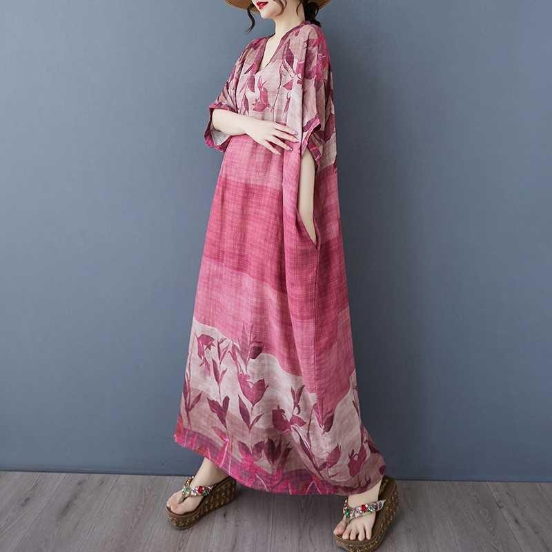 Women's V-neck Retro Long Skirt Cotton Linen Dress