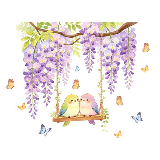 Watercolor Wisteria Birds Wall Decal, Self-Adhesive Residue-Free Window Sticker, Easy Apply Wall Sticker for Bedroom Kitchen Bathroom