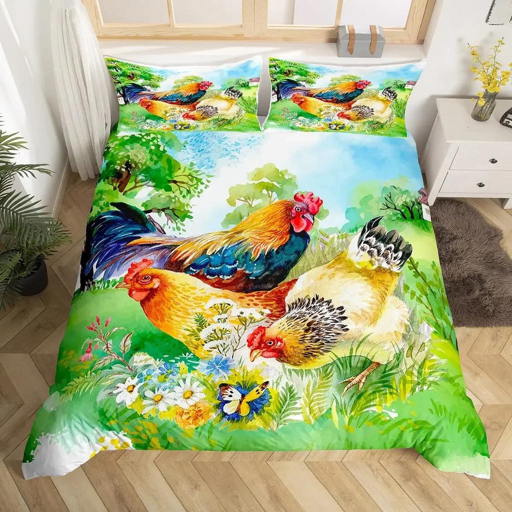Bauernhoftier Huhn Bettbezug Einzel- King-Size Land Sonnenblume Hahn Bettdeckenbezug Mikrofaser Rustikales Bauernhaus Bettwäscheset