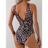 Vintage Brown Leopard Print Swimwear Women 2025 Deep V Neck Hollow Out Metal Ring Bathing Suit Tummy Control One Piece Swimsuit