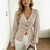 New European and American popular minimalist style fashion V-neck button knitted cardigan sweater women