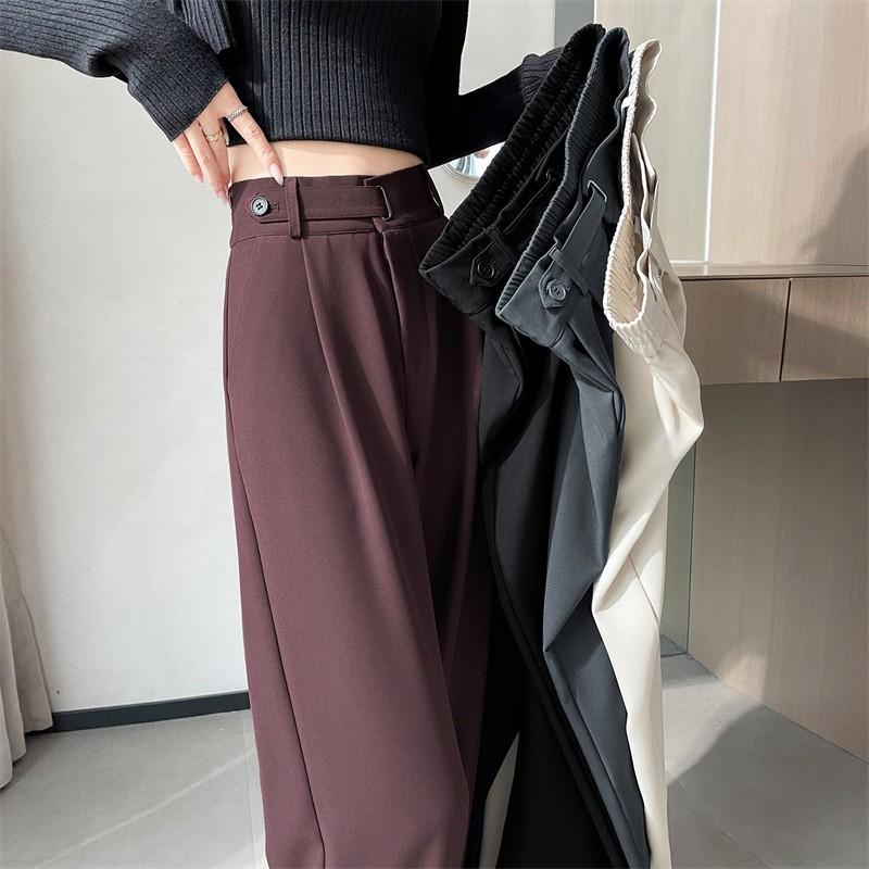 Womens High-Waisted Wide-Leg Trousers Slim Fit Tailored Pants Office Wear Gray