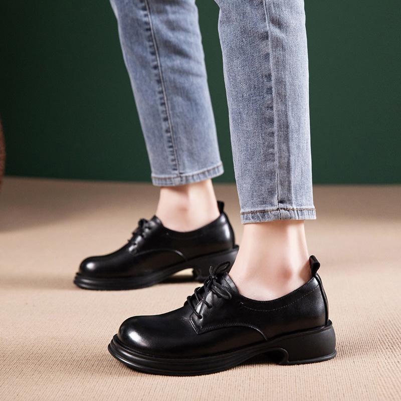 First layer cowhide loafers women's spring and autumn new lace-up retro British style single shoes small leather shoes women's shoes
