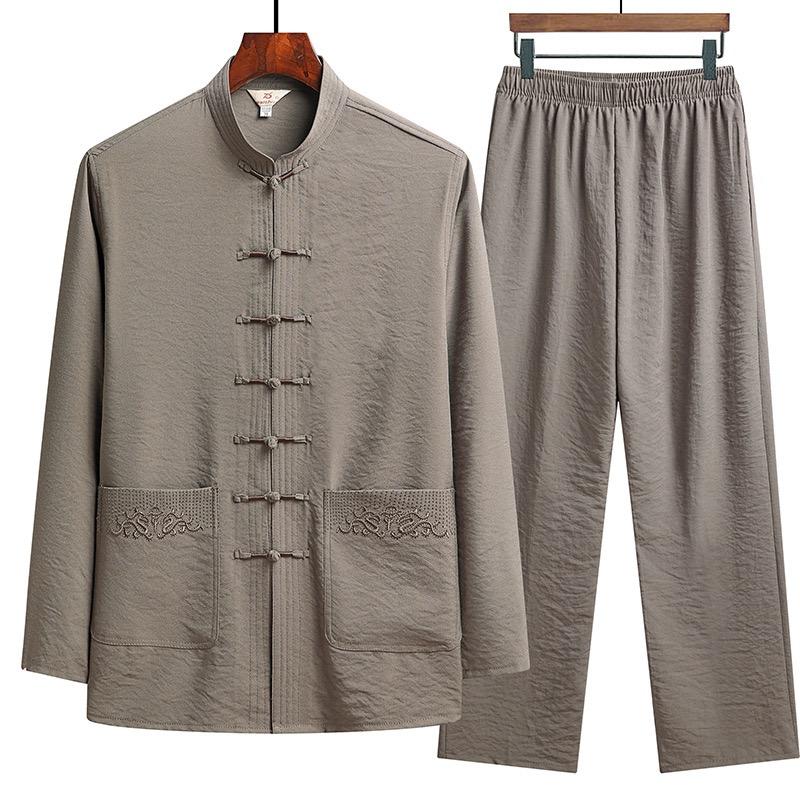 Set di Abbigliamento Tradizionale Cinese da Uomo Primavera e Autunno Uomo Autunno Lino Fibbia Camicia Kung Fu Top Retrò Orientale Pantaloni Uniformi Traspiranti Tai Chi