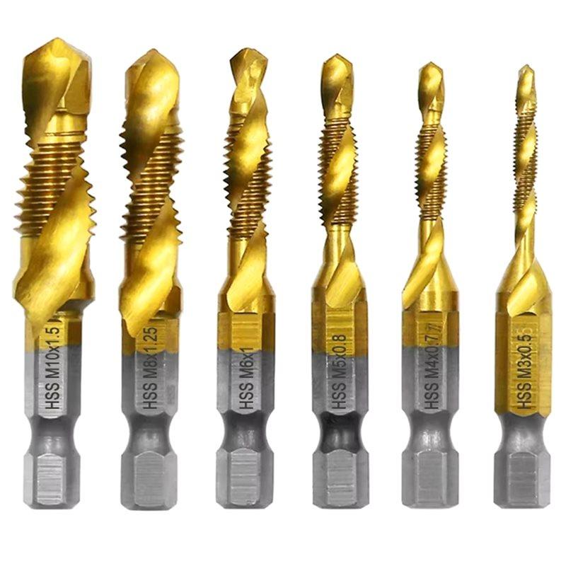 

A96I-6Pc High Speed Steel M3-M10 Titanium Plated Composite Tap Hexagonal Drill And Tap Integrated Tap Machine золотий