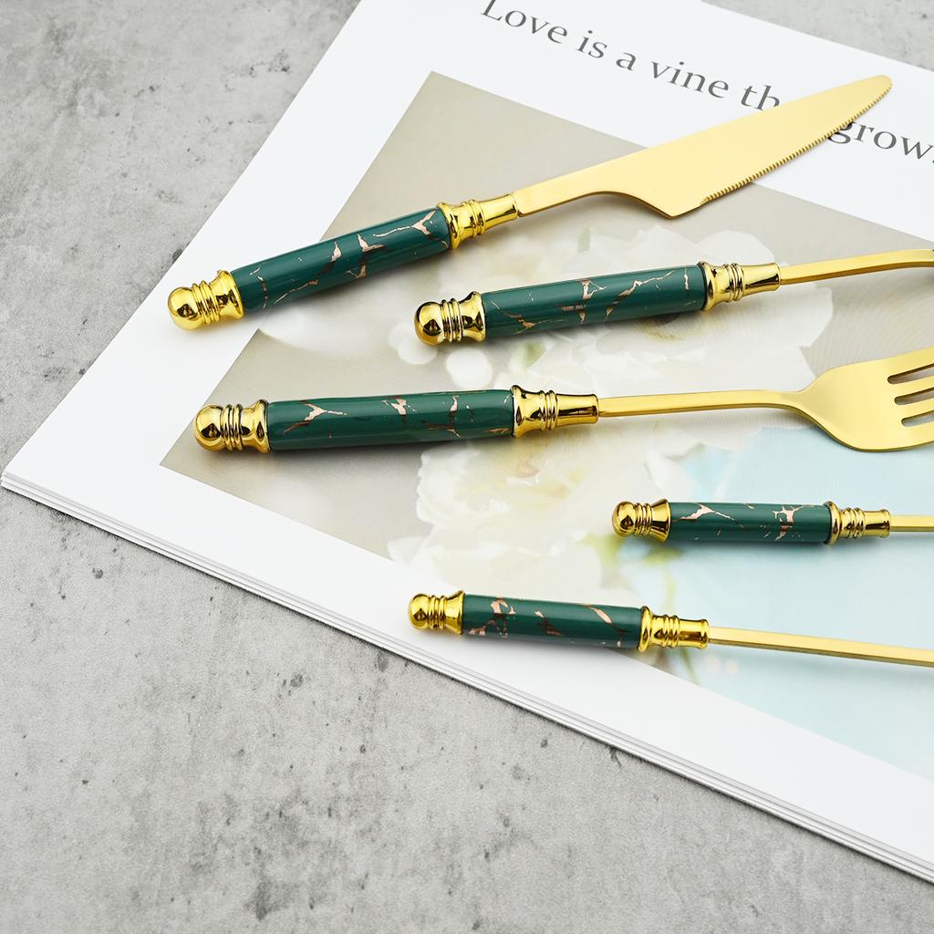 Juego de cubiertos dorados con mango de cerámica de imitación, vajilla de acero inoxidable 304, cuchillos, tenedores, cuchara con soporte para cubiertos, 24 Uds.