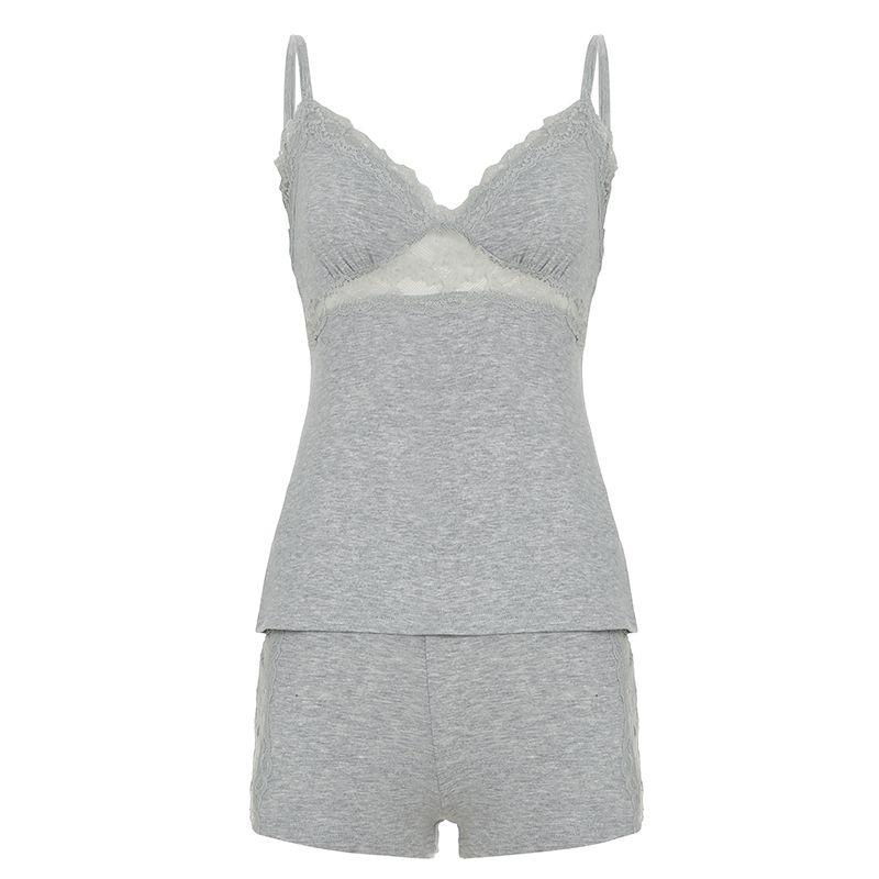 

H Home European and American Women s Clothing French Young Adult Lace Hollow-out Stitching Suspender Shorts Suit Home Casual V-neck Tops Gray L