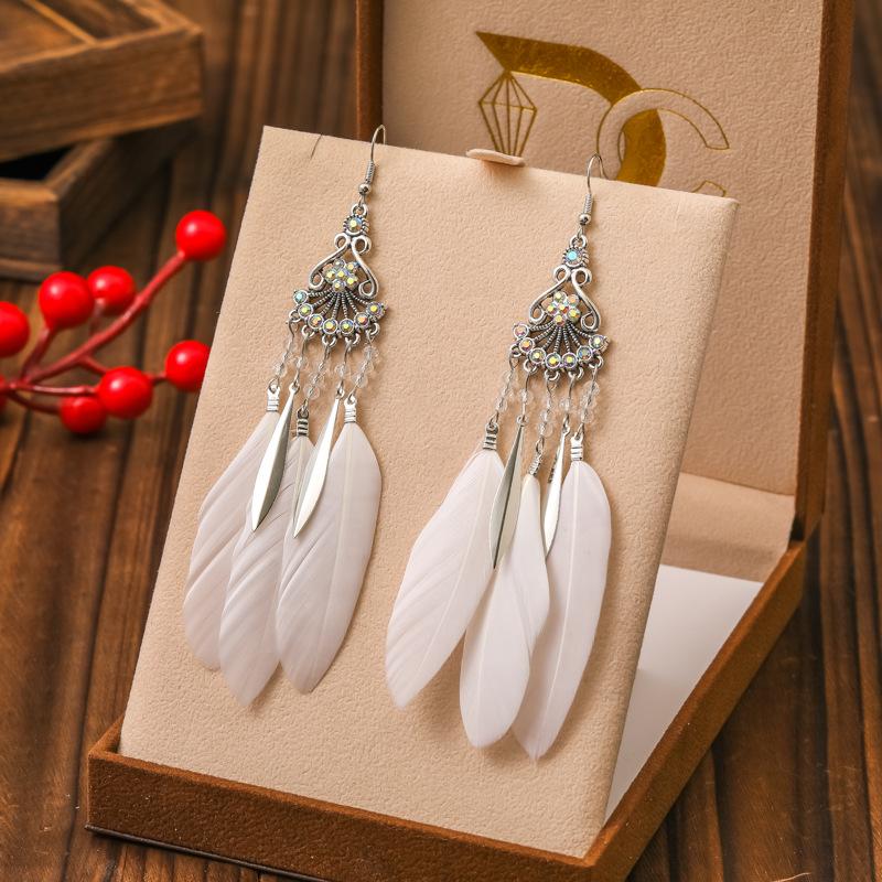 Vintage Ethnic Bohemian Crystal Beads Handmade Feather Tassel Women Earrings Long Drop Dangle Boho Jewelry Pendientes Mujer