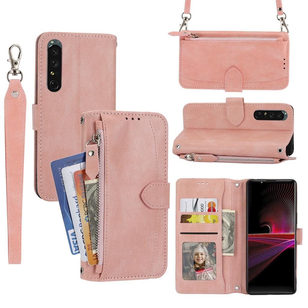 For Sony Xperia 5 IV 5G Case Zipper Pocket Leather Phone Cover with Crossbody Shoulder Strap