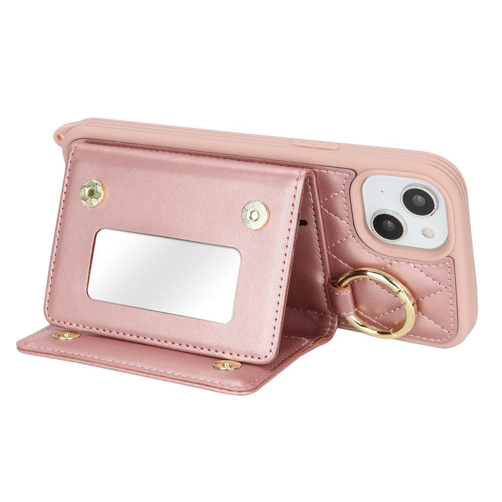 For iPhone 15 Plus/14 Plus Case with Lanyard/Mirror/Card Holder Grids Pattern RFID Blocking Phone Cover