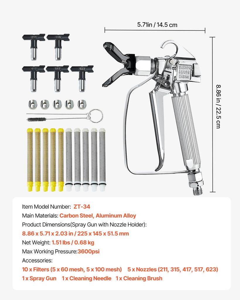 VEVOR Pistola a spruzzo per vernice airless, Pistola spruzzatrice per vernice airless ad alta pressione 3600PSI con 5 ugelli, 211, 315, 417, 517, 623