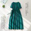 2025 Summer New Embroidered Cotton and Linen Dress for Women, Lace-up Waist Loose and Thin V-neck Short-sleeved Solid Color Long Dress