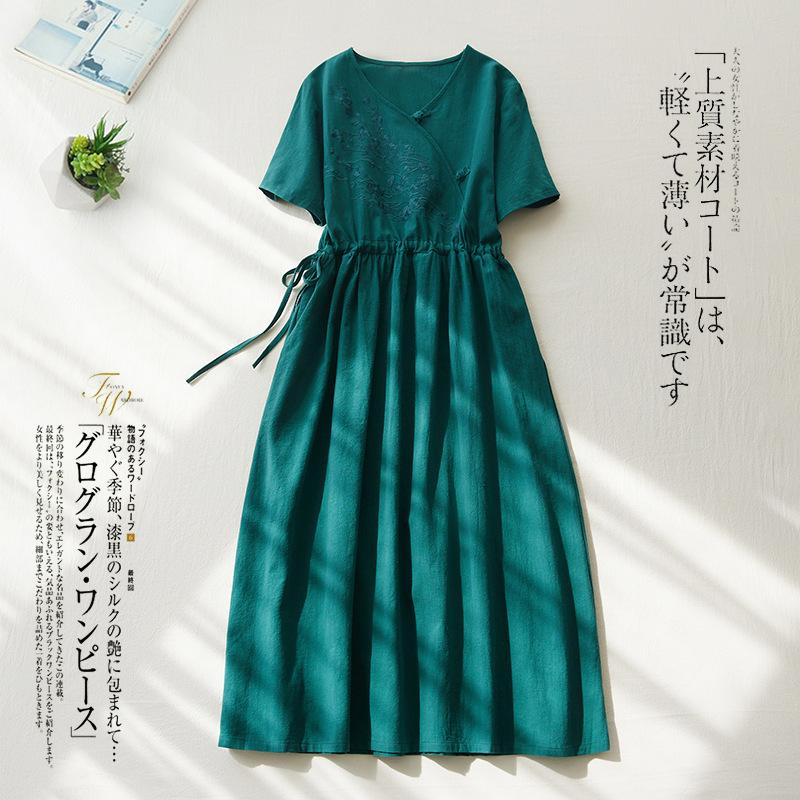 2025 Summer New Embroidered Cotton and Linen Dress for Women, Lace-up Waist Loose and Thin V-neck Short-sleeved Solid Color Long Dress