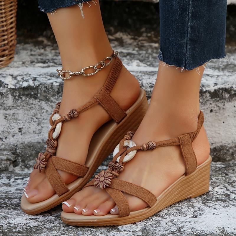 Fashion Bohemian Style Womens Wedge Sandals Summer 2025 Comfort Non Slip Beach Shoes Woman Plus Size Beads Decor Outdoor Sandalias Mujer