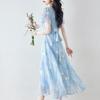 French Blue Embroidered Floral Dress Women Summer Vintage Waist Tie Floral Dress