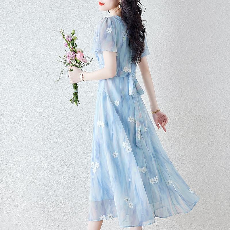 French Blue Embroidered Floral Dress Women Summer Vintage Waist Tie Floral Dress