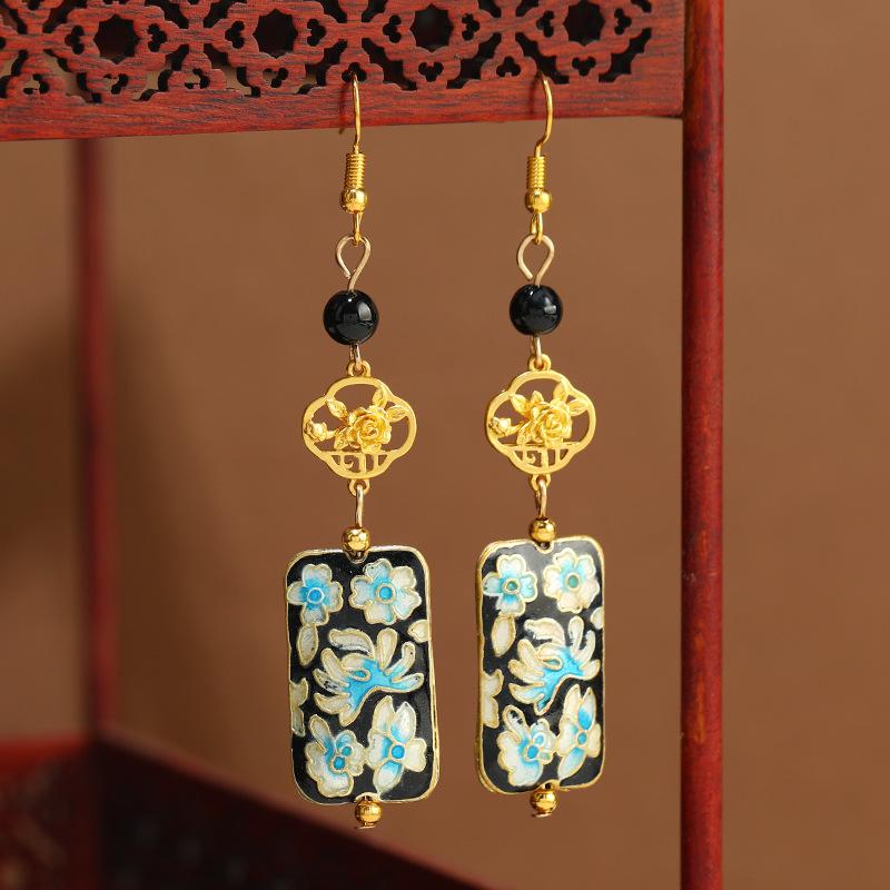 

Оригинальные серьги-клуазоне, женские ретро эмалевые серьги-квадраты с цветами, средней длины, серьги-чеонсам