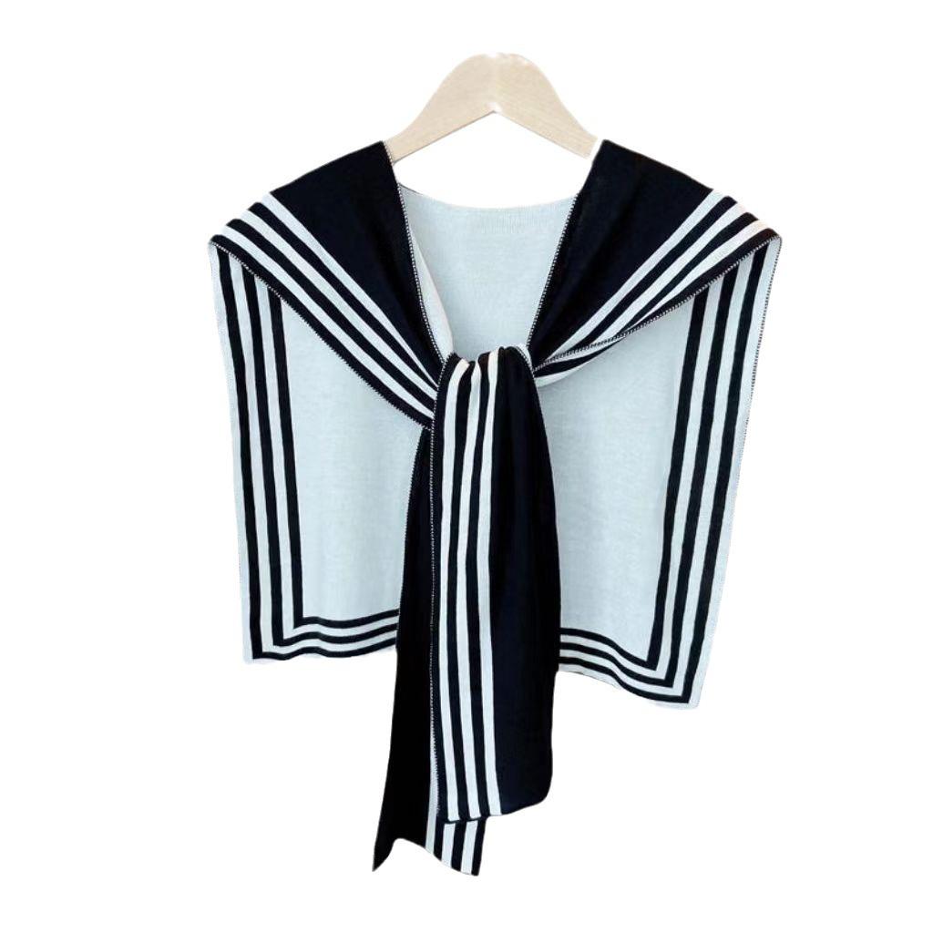 

Однотонная вязаная шаль, простая блузка, наплечники, воротник-стойка, черно-белая полоса, шарф, накидка, шерстяные шарфы для женщин One Size