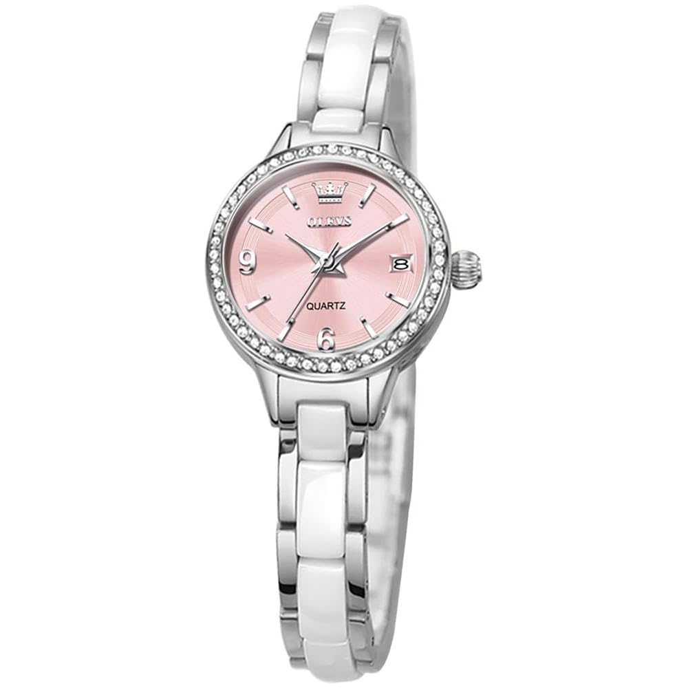 OLEVS Women s Ceramic Diamond Quartz Watch Pink Waterproof Luminous