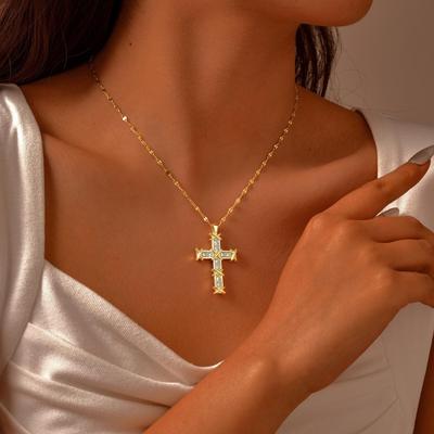 Cross Zircon Pendant Necklace for Women, 18k Gold Plated Clavicle Chain Necklace Religion Jewelry